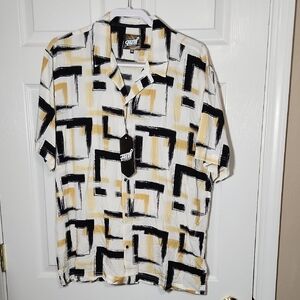 Fresh Black and Tan Casual Button Down Shirt with Geometric Pattern